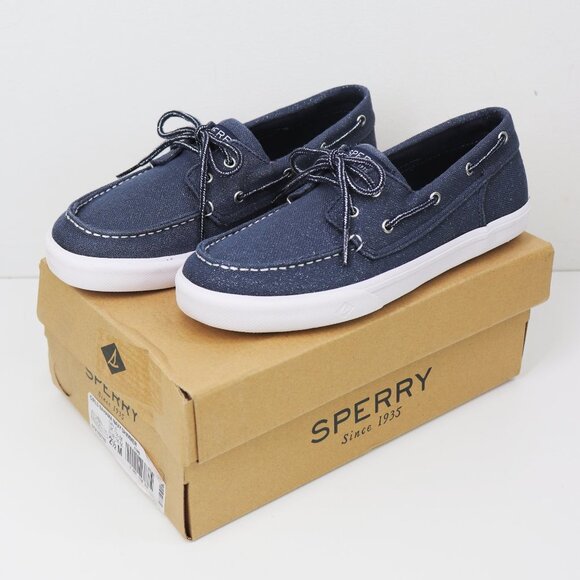 NWT Sperry Kids Bahama Boat Shoe Slip On Loafer Metallic Glitter Navy‎ Shimmer - Picture 1 of 8